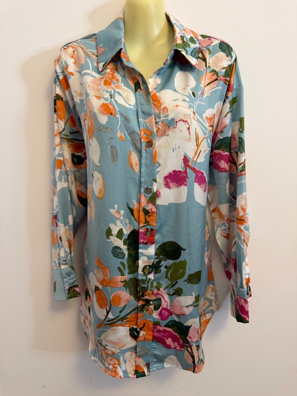 entro Light Blue Floral Print Oversized Button-Down Shirt